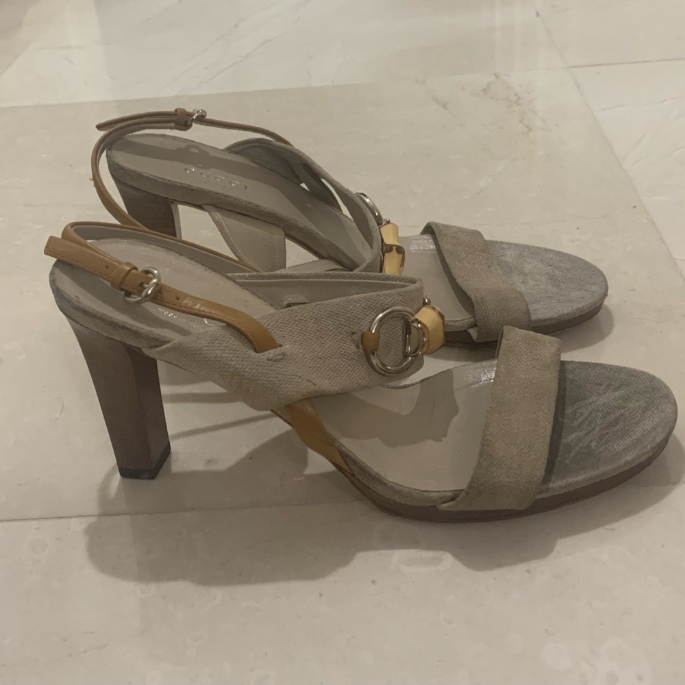 Gucci Bamboo Horsebit Sandals Heels Shoes Size 37.5